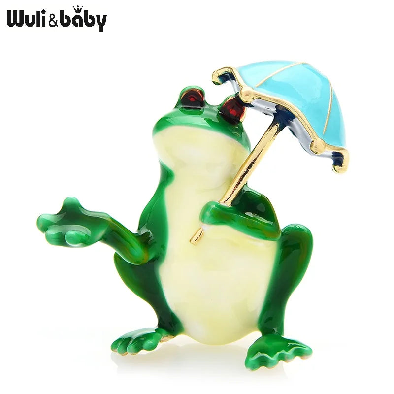 Wuli&baby Taking Umbrella Frog Brooches Women Unisex 2-color Lovely Enamel Animal Party Office Brooches Pins Gifts
