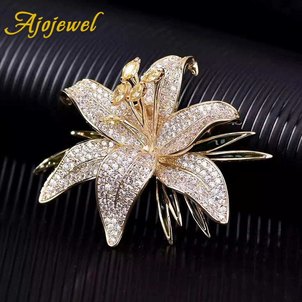 Ajojewel White/Green/Purple Lily Brooch Rhinestone Flower Jewelry High Quality Cloth Pin Trendy Gifts