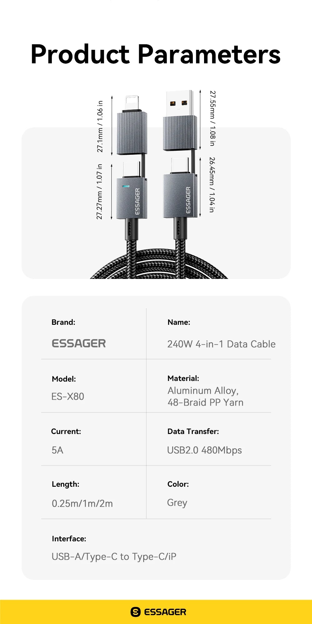 Essager 240W 4-in-1 Fast Charging Cable for iPhone17 16 15 Pro Max Macbook iPad Xiaomi Samsung Macbook USB Type C To USB C Cable