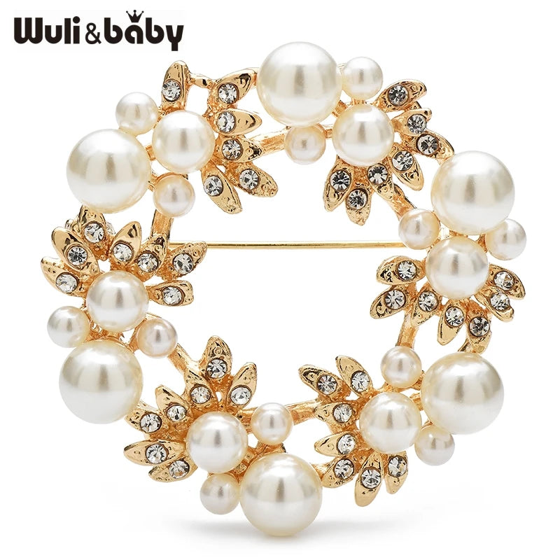 Wuli&baby Pearl Flower Wreath Brooches For Women Unisex 2-color Elegant Circle Office Party Brooch Pins Gifts