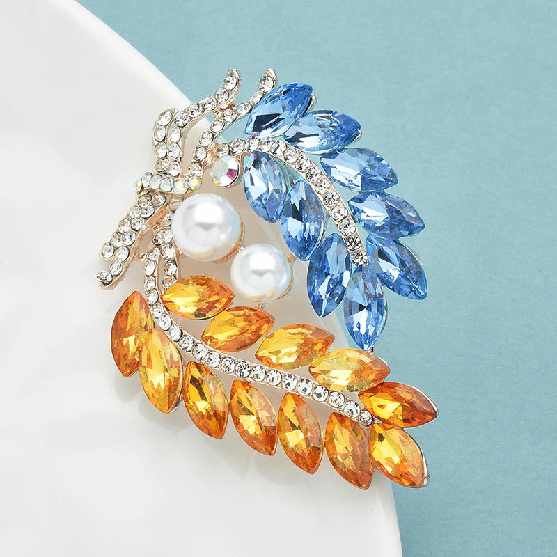 Wuli&baby Crystal Wheat Badge Brooches For Women Unisex Blue Yellow Grain Plants Flowers Party Office Brooch Pins Gifts