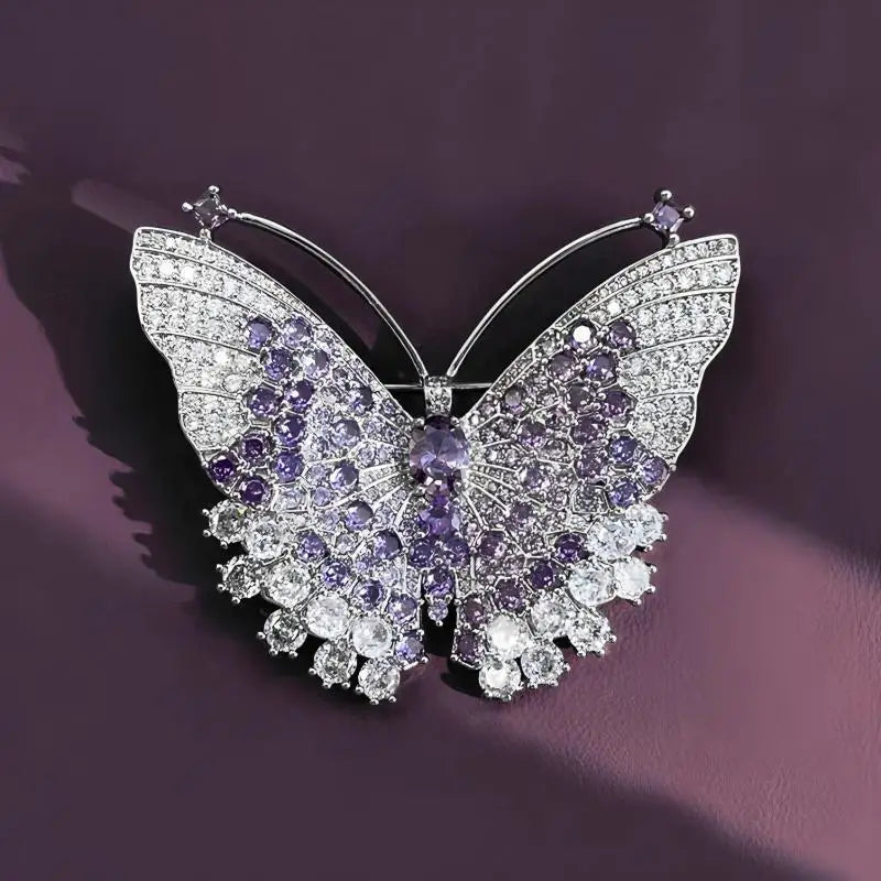 Luxury Purple Butterfly Brooch For Women Sparkling Cubic Zircon Lapel Pin Elegant Wedding Banquet Jewelry Gift