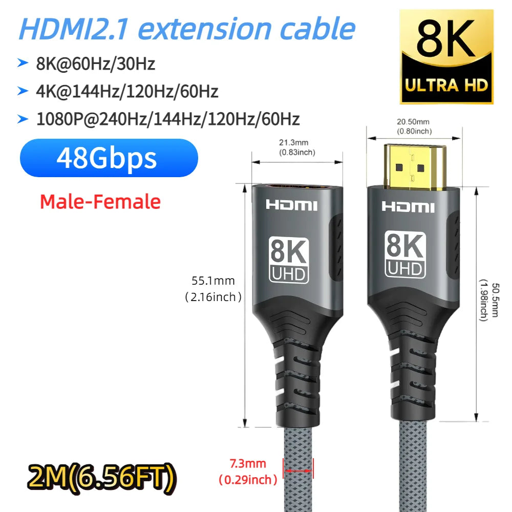 HDMI 2.1 Extension Cable 8K@60Hz HDMI 2.1 Male-Female Bi-Directional 48Gbps 4K@120Hz For HDTV RTX PS5 Xbox HDR Video PC Laptop