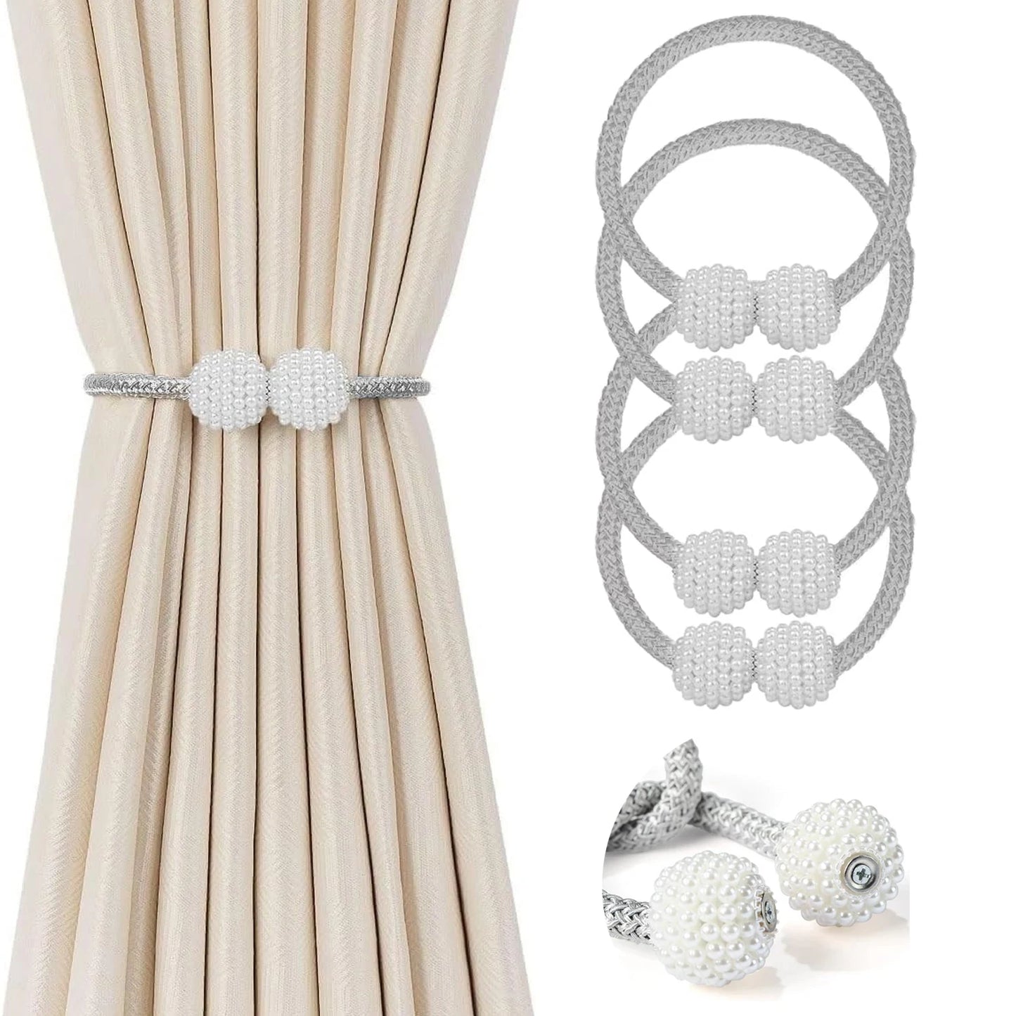 1/2PCS Curtain Buckle Curtain Strap Pearl Buckle Design Curtain Tie Rope Curtain Tiebacks with Strong Magnet Decor Accessories