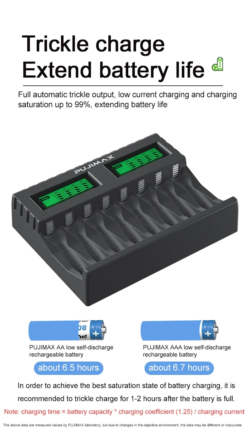 PUJIMAX 8-slot Battery Charger Suitable 1.2V AAA/AA Rechargeable Battery Short Circuit Protection LED Display NiMH/NiCd Charger