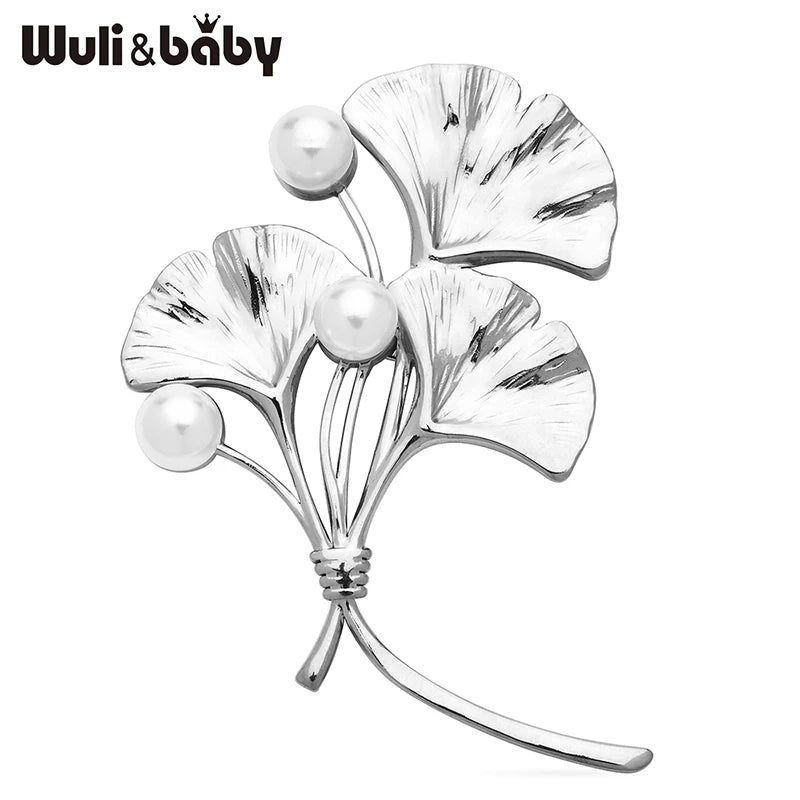 Wuli&baby Stainless Steel Ginkgo Leaf Brooches 2-color Beautiful Pearl Flower Plants Party Office Clothes Brooch Pins Gifts