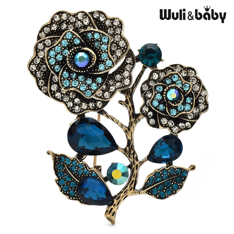 Wuli&baby Retro Elegant Rose-flower Brooch Pins High Quality 3-color Rhinestone Flower For Women Clothes Backpack Pin Badge