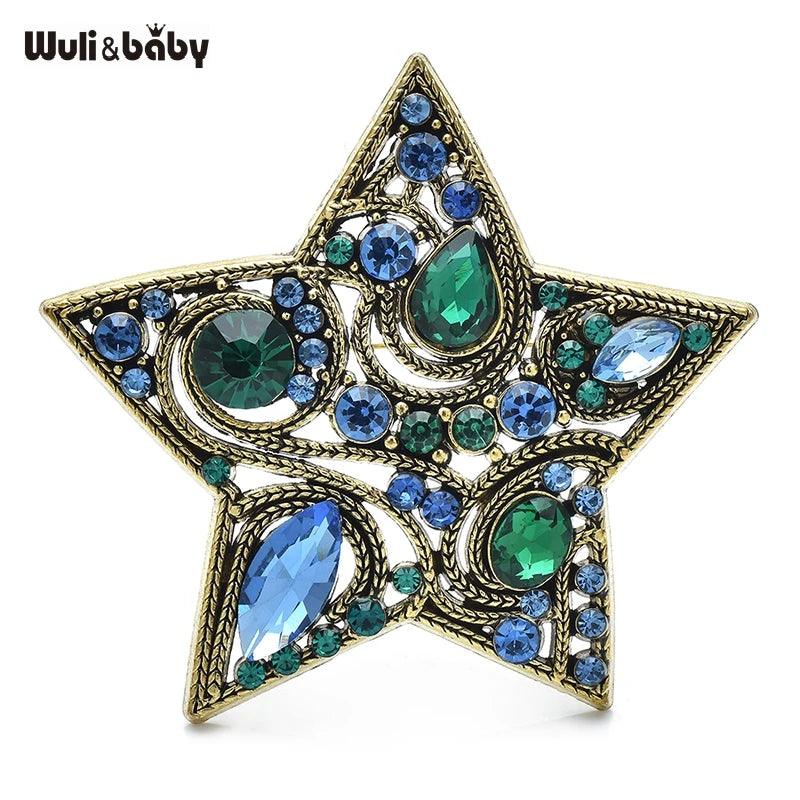 Wuli&baby Vintage Rhinestone Star Brooches For Women Unisex Beautiful Green Star Party Casual Brooch Pins Gifts