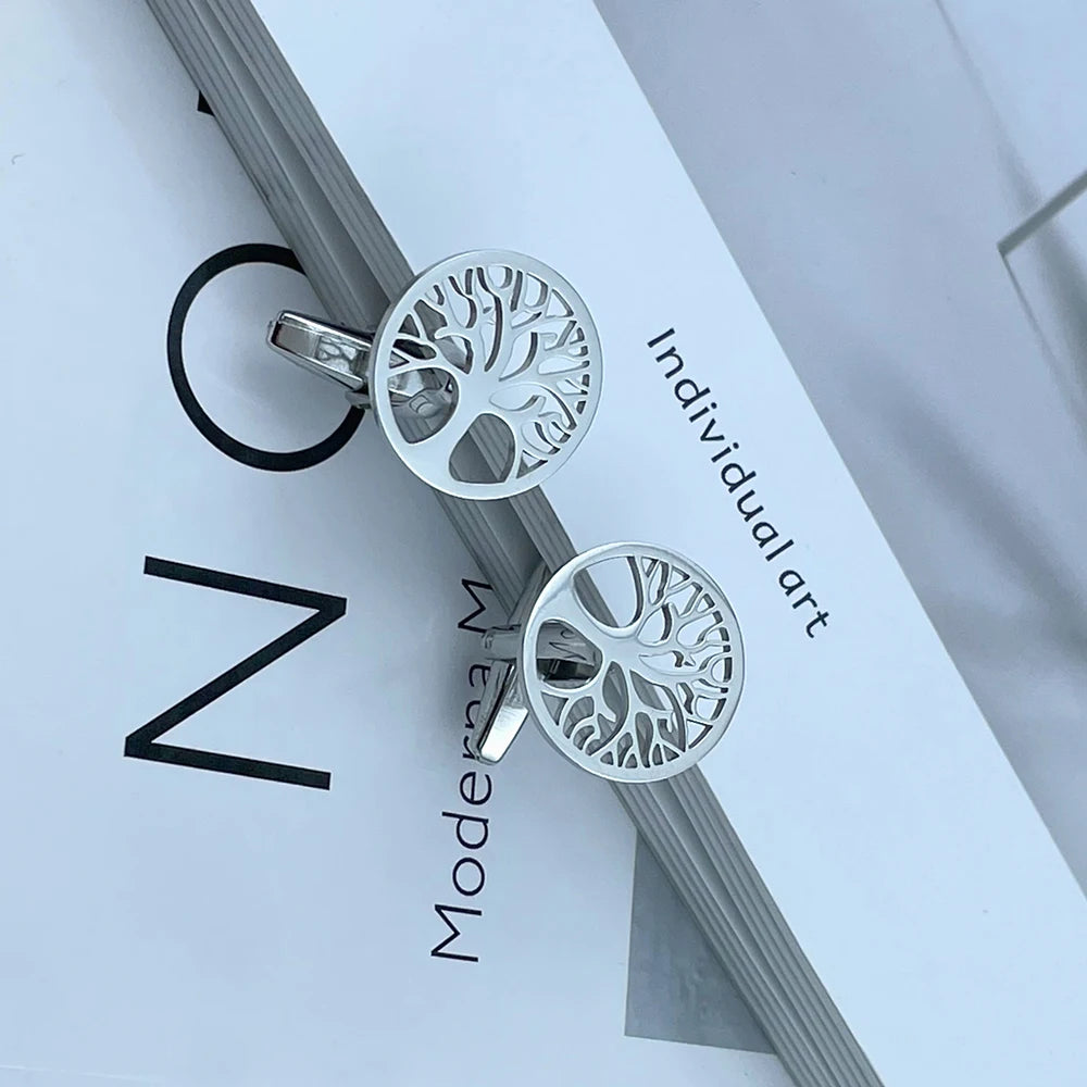 Men's Cufflinks Luxury Round Tree of Life Cuff Links Shirt Cufflinks for Men Fashion Stainless Steel High Quality Birthday Gifts