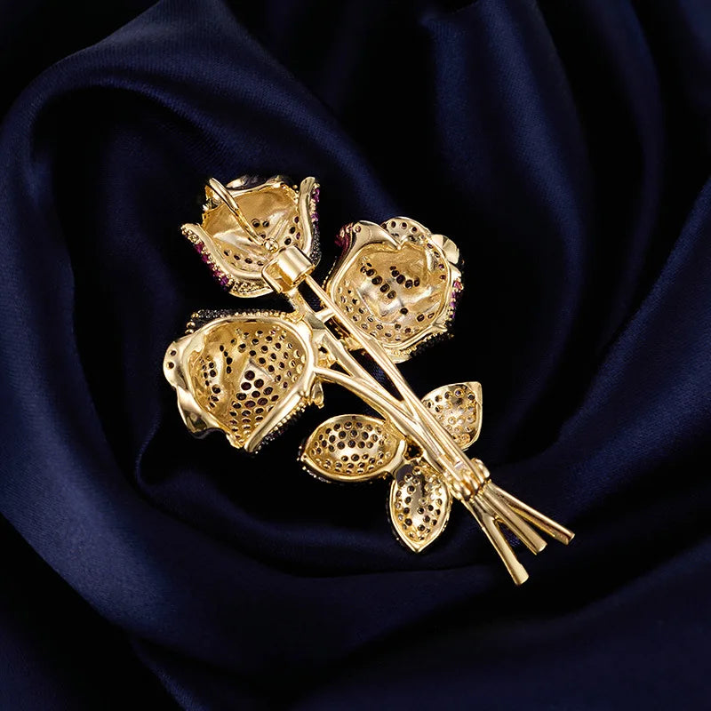 OKILY Luxury Artificial Red Corundum Rose Bouquet Brooch Women Elegant Atmosphere Dinner Coat Accessories Zircon Flower Corsage
