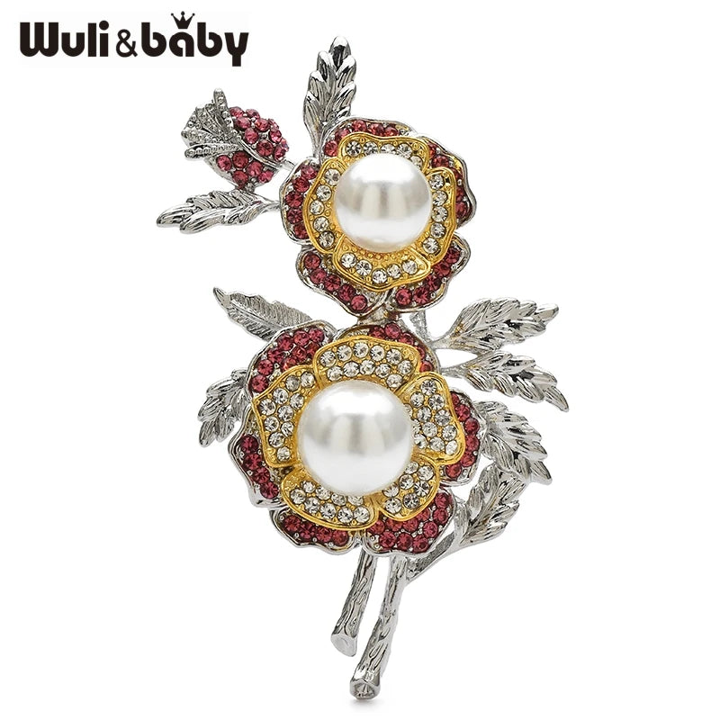 Wuli&baby Elegant Pearl Peony Flower Brooches Rhinestone Beautiful Plants Party Office Brooch Pins For Women's Clothes