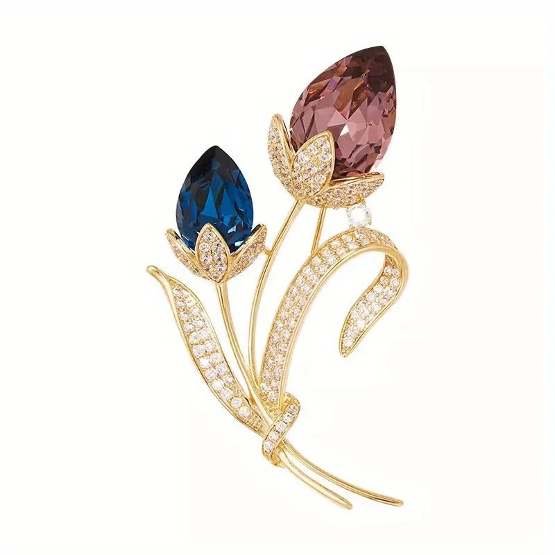 Ladies Novelty Retro Twin Flower Brooch High-grade Women's Exquisite Crystal Flower Corsage Anti-slip Pin Suit Accessories