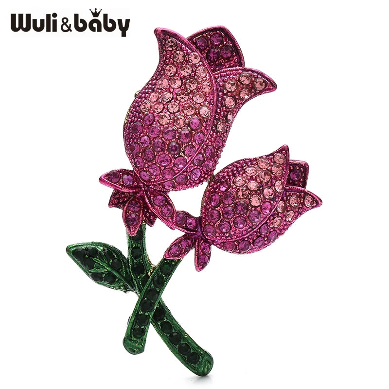 Wuli&baby Shining Rose-flower Brooches 4-color Rhinestone Beautiful Tulip Flowers Plants Brooch For Women's Clothes Pins Gifts