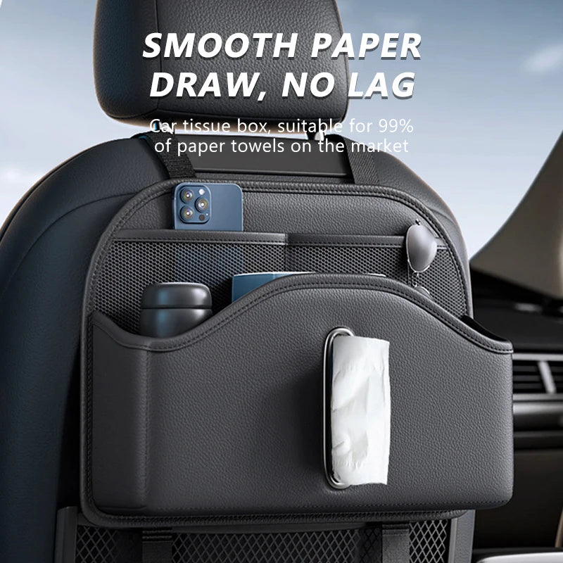 SEAMETAL PU Leather Car Seat Back Organizer Multi-functional Auto Seat Headrest Hanging Storage Bag With Tissue Box Drink Holder