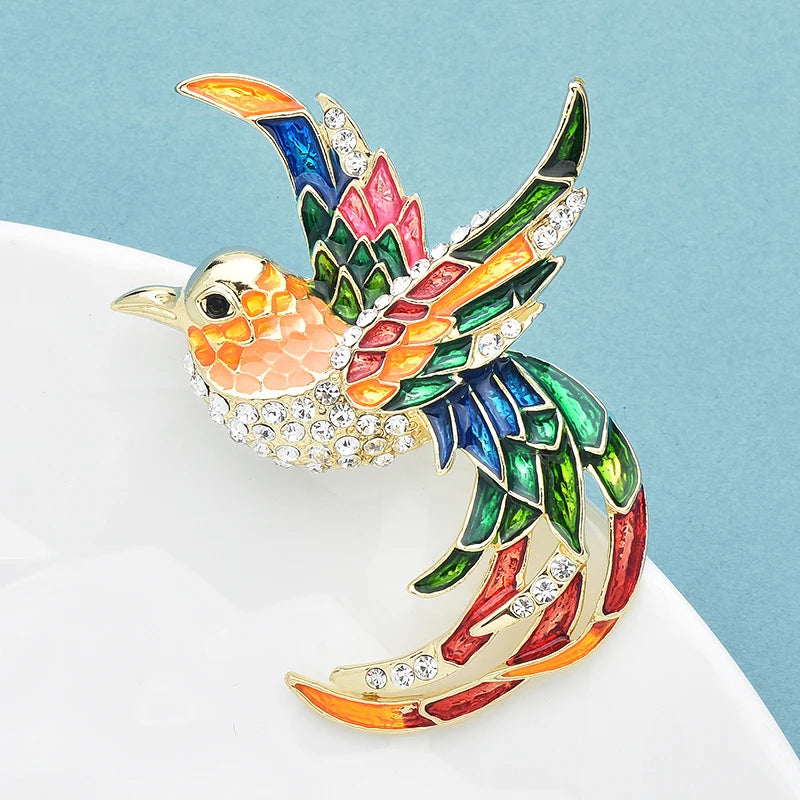Wuli&baby Beautiful Flying Bird Brooches For Women Lady Rhinestone Enamel Long Tail Birds Party Office Brooch Pins Gifts