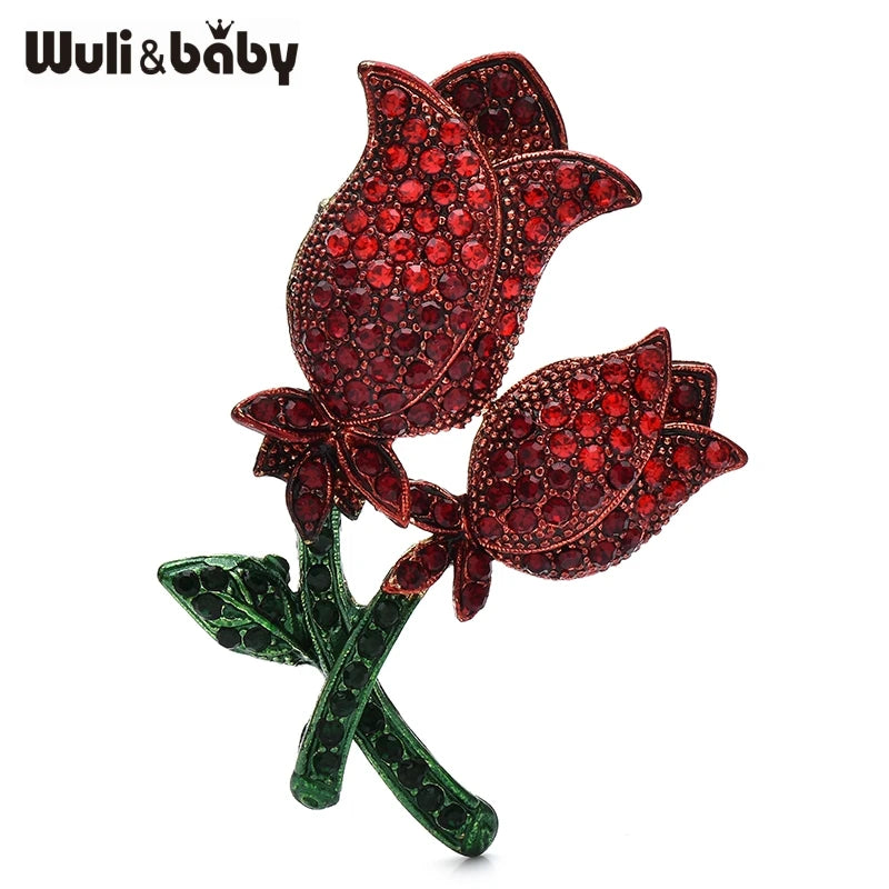 Wuli&baby Shining Rose-flower Brooches 4-color Rhinestone Beautiful Tulip Flowers Plants Brooch For Women's Clothes Pins Gifts