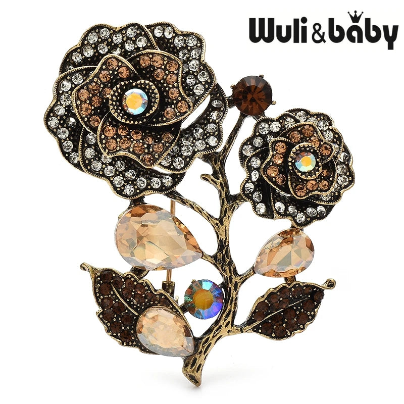 Wuli&baby Retro Elegant Rose-flower Brooch Pins High Quality 3-color Rhinestone Flower For Women Clothes Backpack Pin Badge