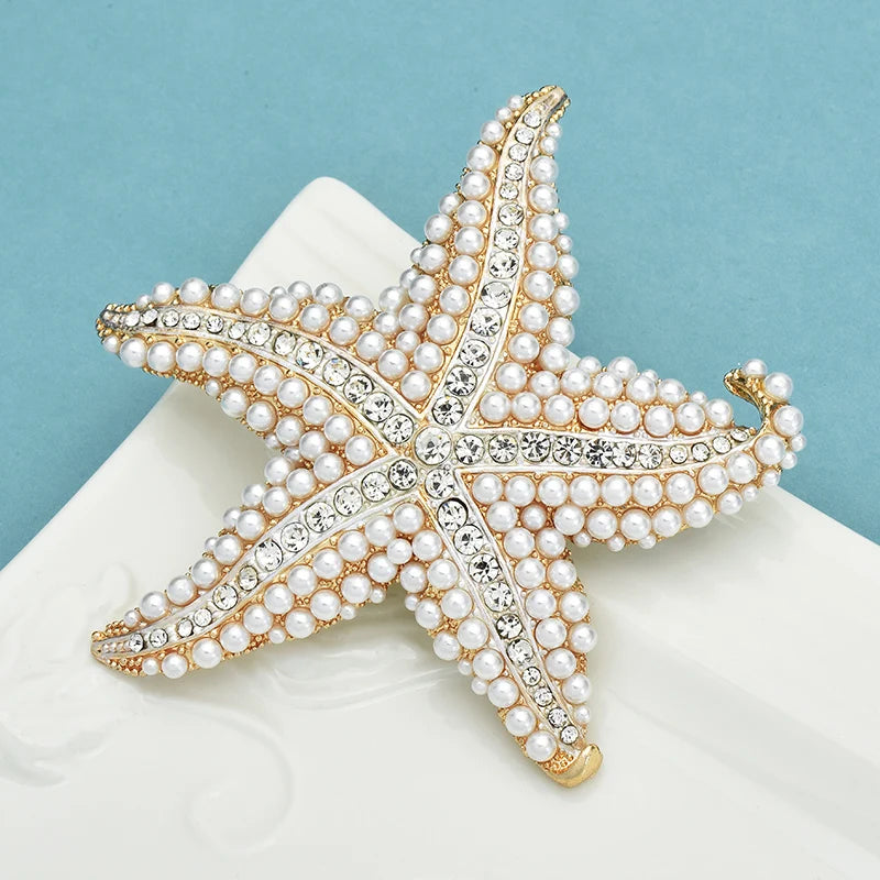 Wuli&baby Pearl Starfish Women Brooch Pin Sparkling Sea Star Jewelry Gift