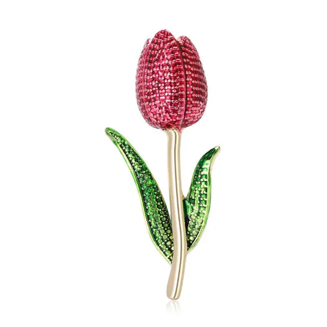 Enamel Tulip Flower Brooch 2 Colors Rhinestone Crystal Lapel Pin For Women Plant Jewelry Party Office Suit Coat Accessories