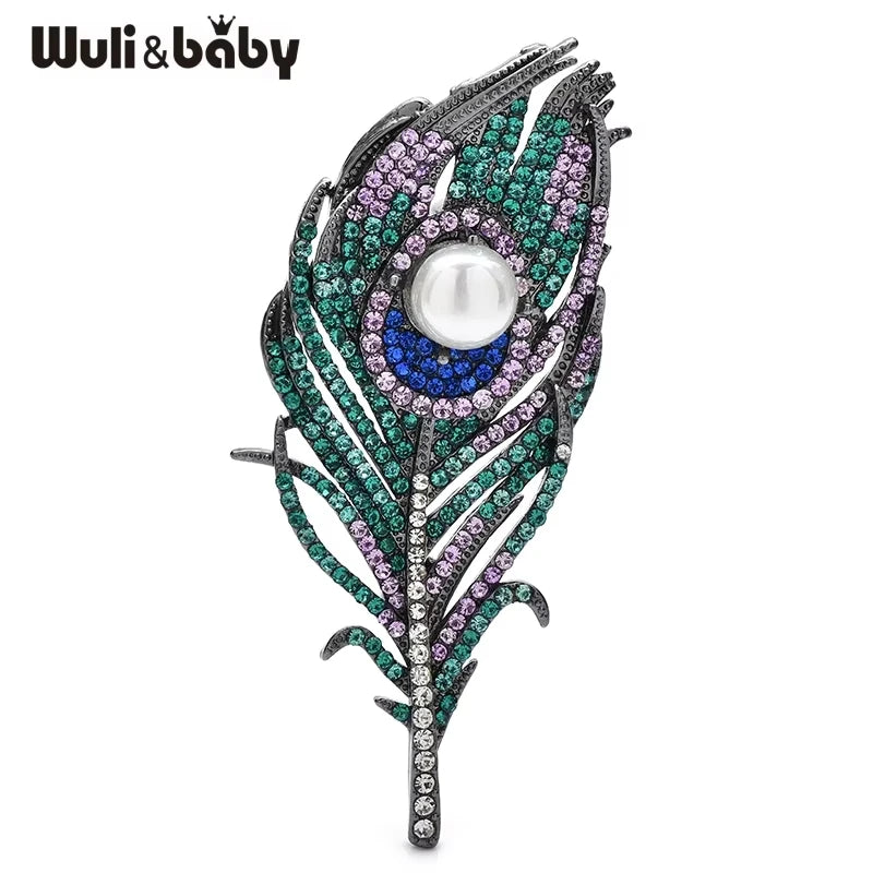 Wuli&baby Luxury Peacock Feather Brooches For Women Unisex Rhinestone Pearl Banquet Party Brooch Pins Gifts