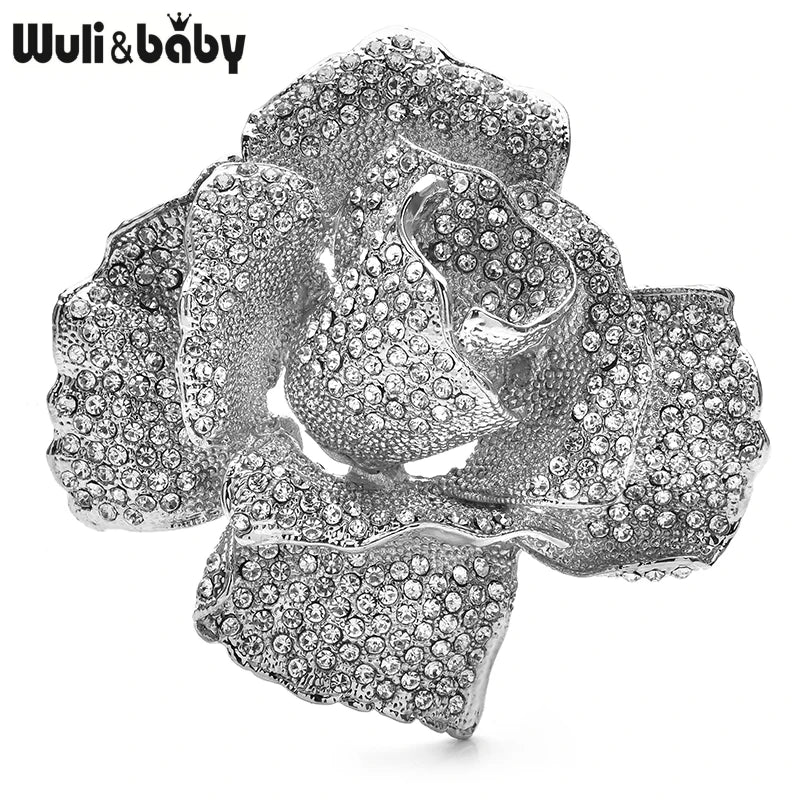 Wuli&baby Big Elegant Sparkling Silver Color Rose Flower Brooches Pins For Women Jewelry Accessory Gift