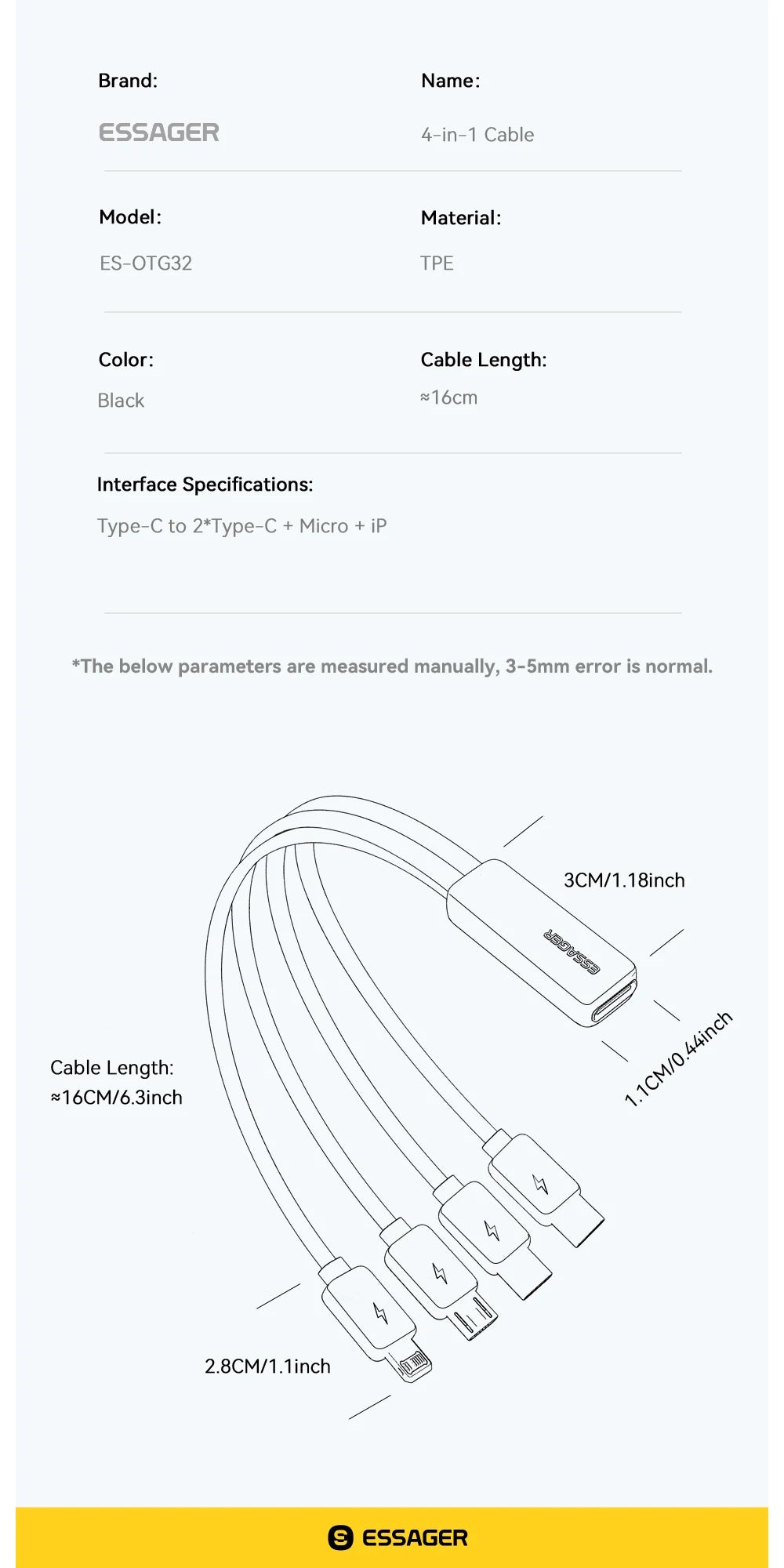 Essager Portable 4-in-1 Fast Charging Cable For Travel Type C Female To Multi USB Cable With 2 Type C, Micro, Lightning Adapters