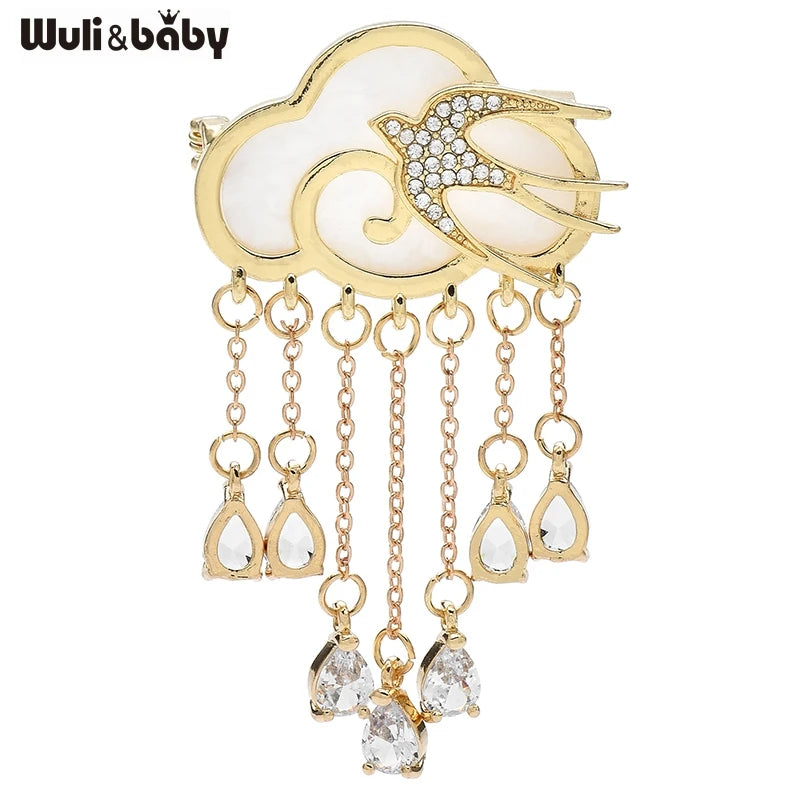 Wuli&baby Cloud Swallow Crystal Rain Tassel Brooch Pins Elegant Jewelry Badge Accessory Gift