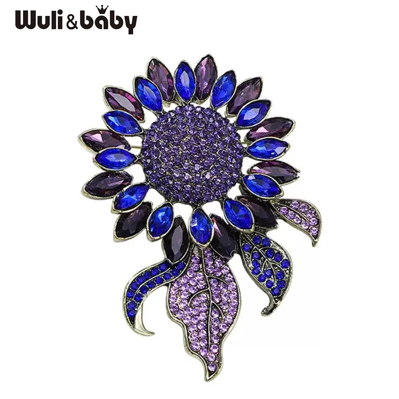 Wuli&baby Big Blue Sunflower Brooches For Women Unisex Vintage Luxury Rhinestone Flower Party Office Brooch Pins Gifts