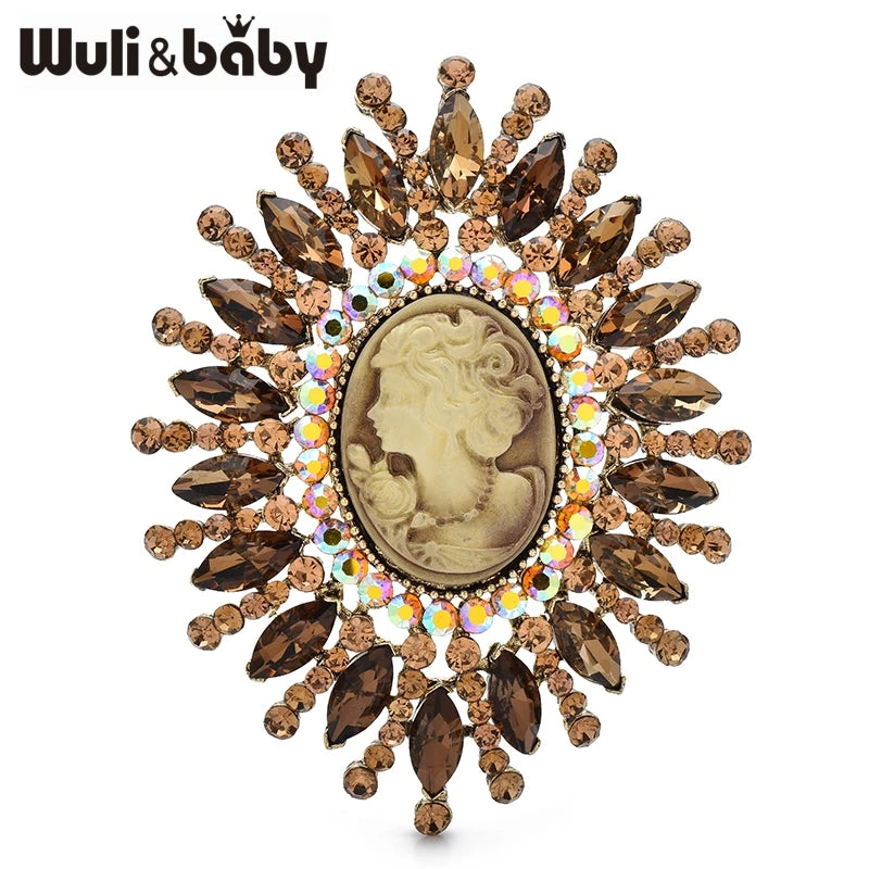 Wuli&baby Huge Rhinestone Lady Portrait Round Brooches multiple colors Big Beautiful Lady Picture Brooch For Women's Winter Clothes Pins