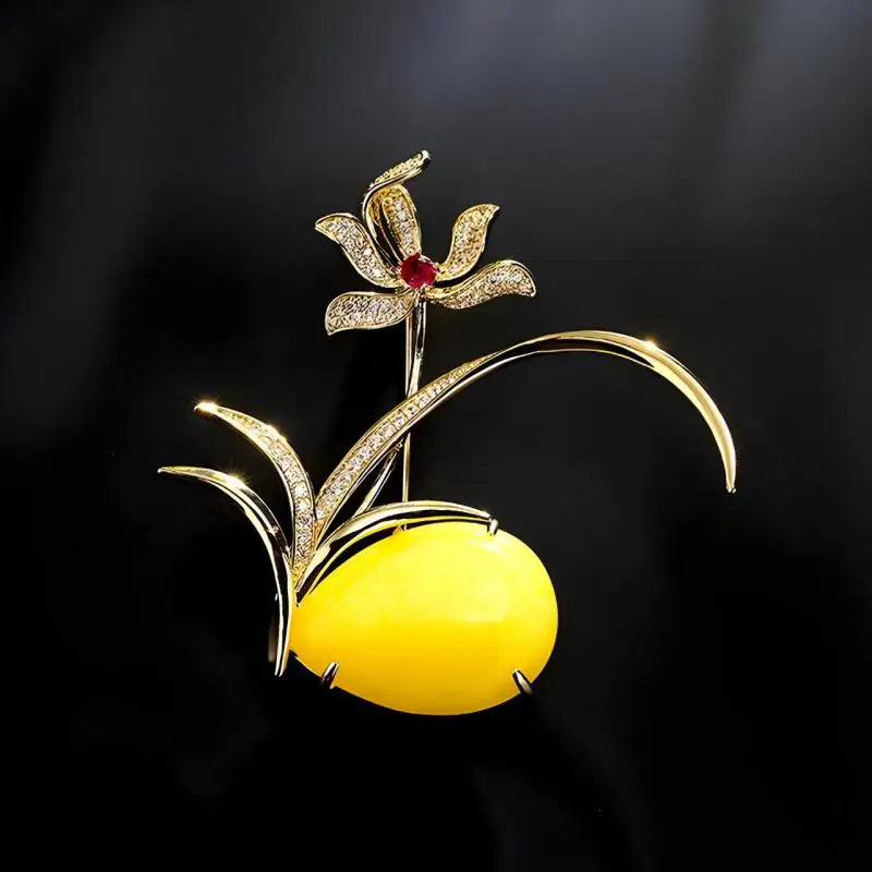 Luxury Orchid Brooch With Yellow Amber And Red Gemstone Elegant Gold Plated Flower Brooch For Women Vintage Jewelry
