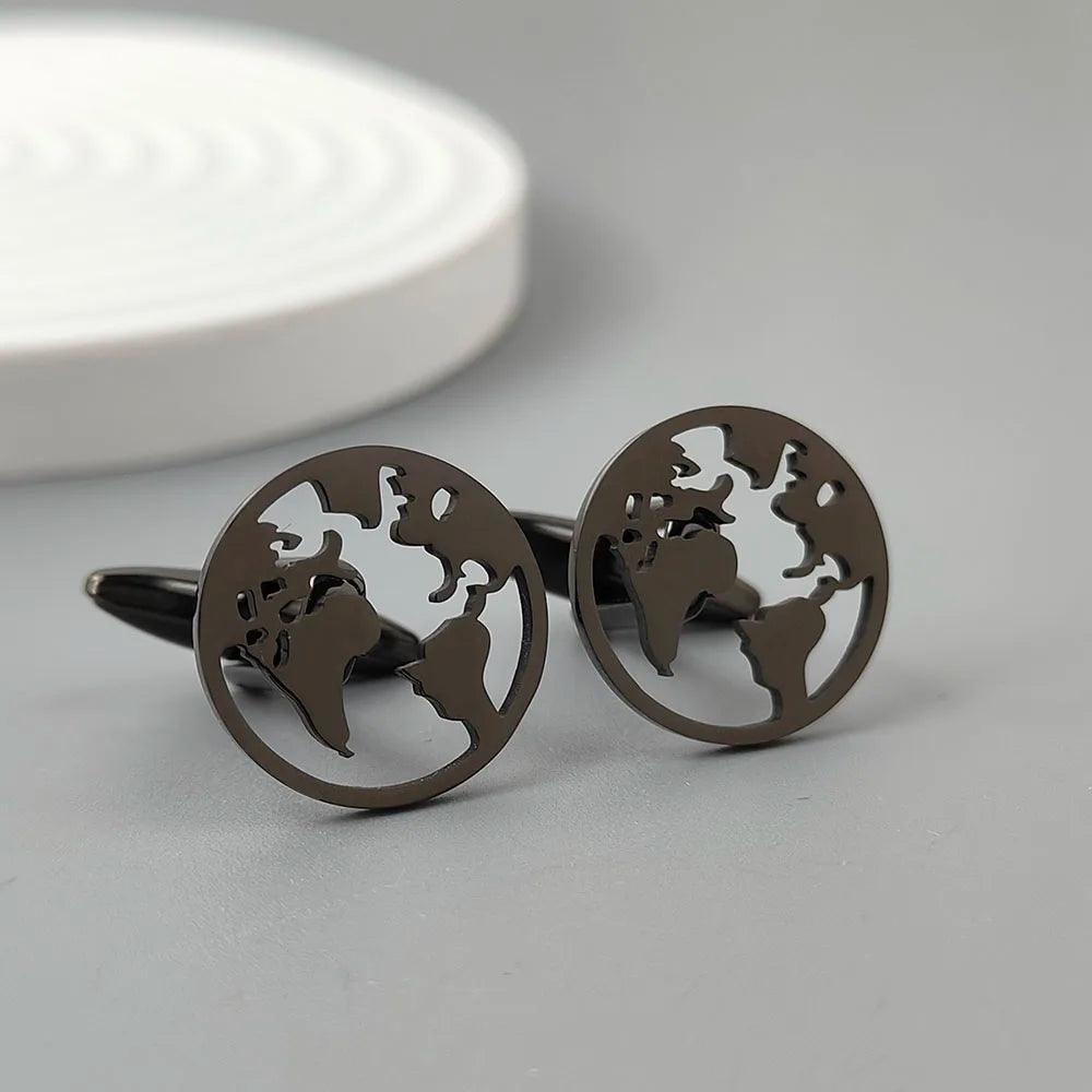 New - 18K gold-plated stainless steel cufflinks: world map globe design, fashion lapel pin, gift for friends