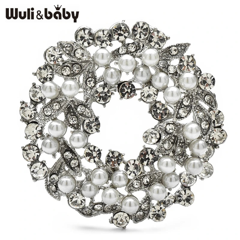 Wuli&baby Elegant Pearl Wreath Flower Brooches For Women Unisex Rhinestone Round Party Office Brooch Pins Gifts