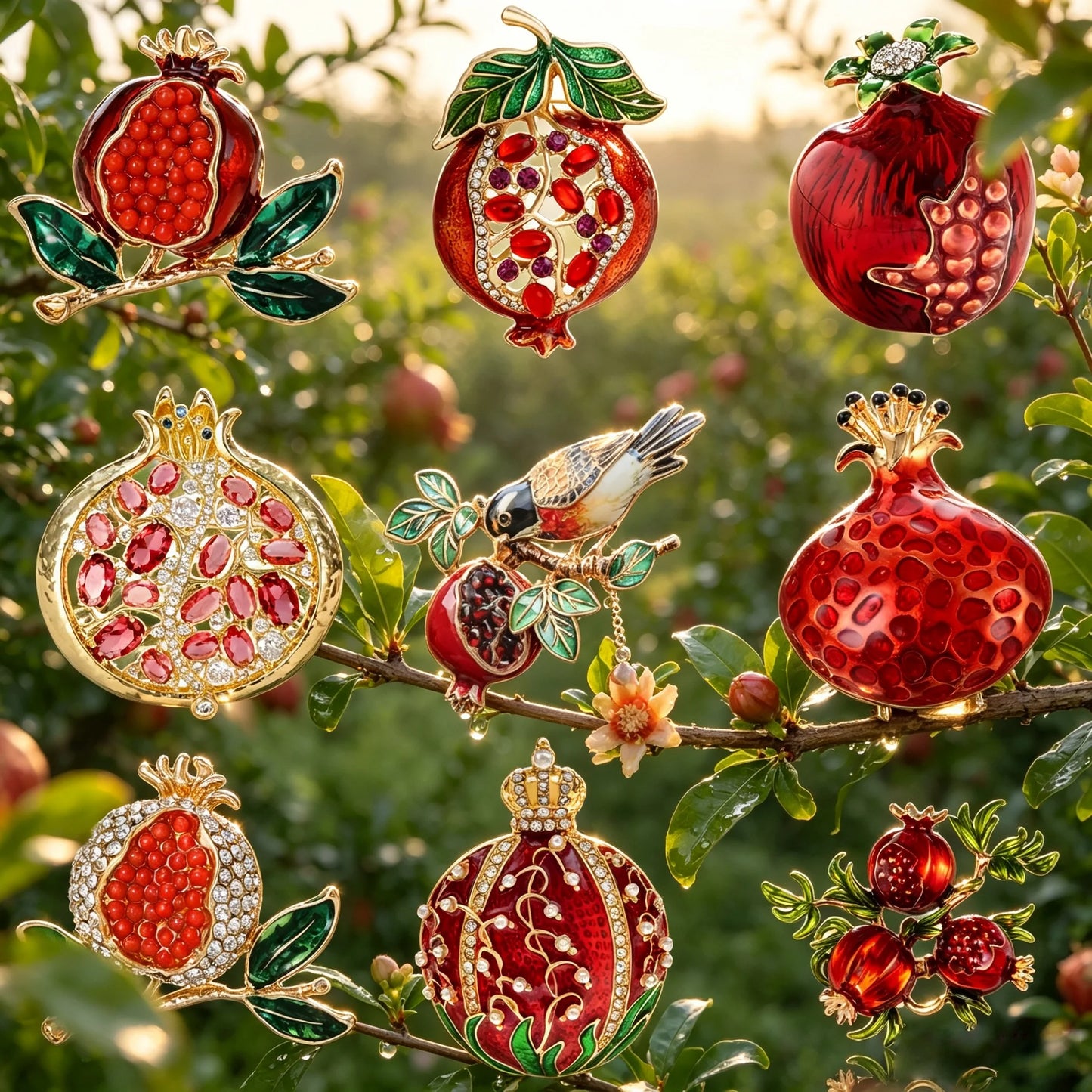 Essh&Pule Chinoiserie Pomegranate Brooch Red Enamel Rhinestone Fruit Lapel Pin Oriental Lucky Women Suit Coat Jewelry Gift