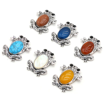 Funny Frog Brooches Natural Stone Crystal Agates Charms Mother of Pearl Shell Insect Pin Pendant for Jewelry Making DIY Necklace
