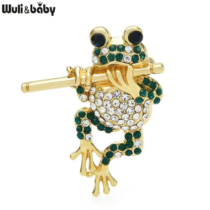 Wuli&baby Play Bamboo Fluting Frog Brooches Women Men Rhinestone Lovely Animal Party Casual Brooch Pins Gifts