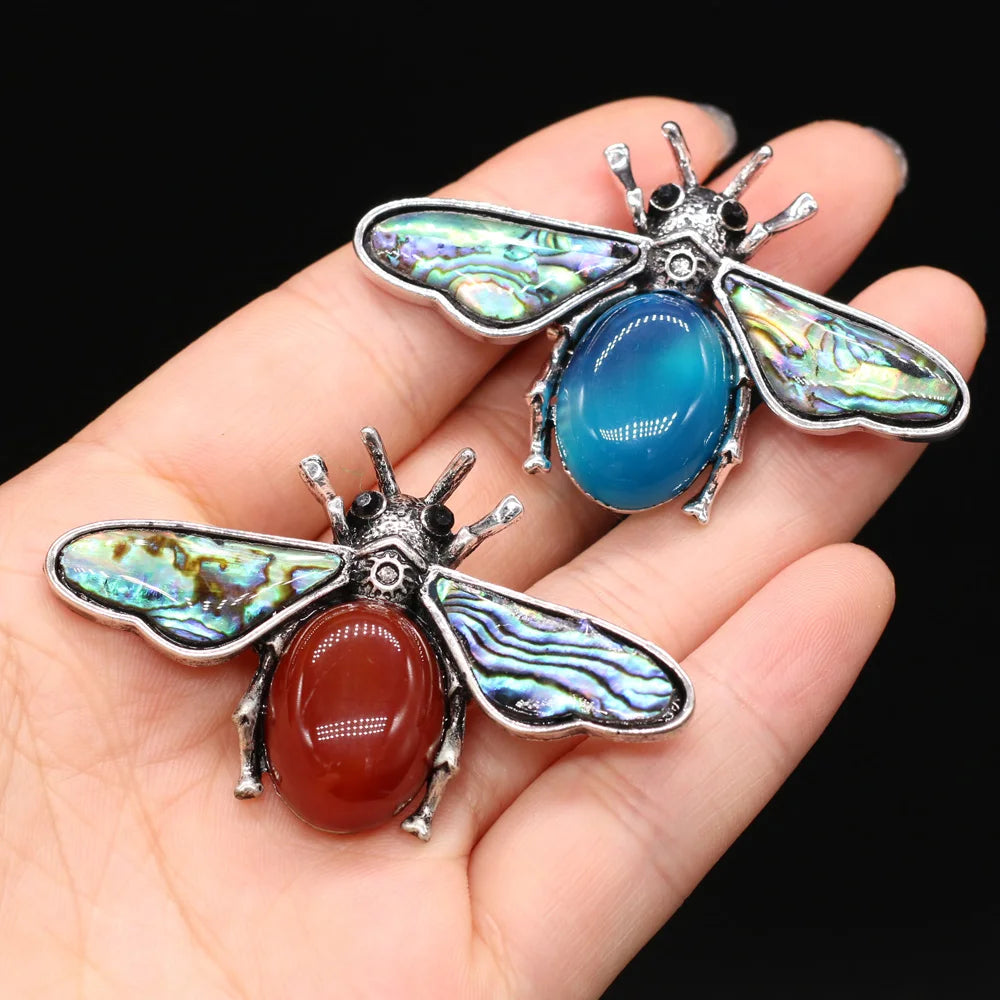 Natural Stone Amethyst Lapis Lazuli Brooches for Women Men Insect Bee Pins for DIY Pendant Necklace Jewelry Brooch Accessories