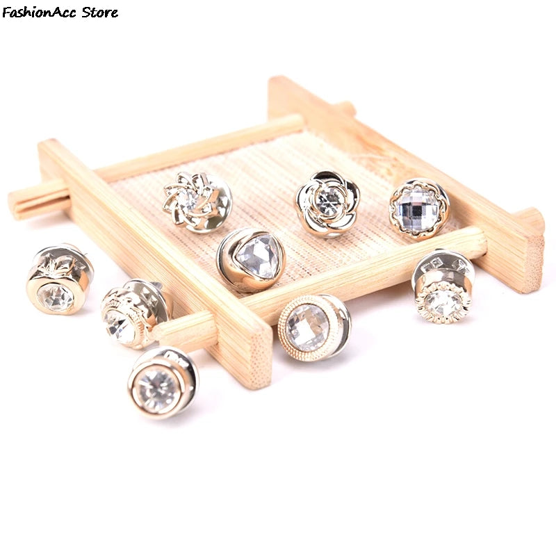 10Pcs/Set Women Suit Sweater Lapel Pin Brooches Collar Badge Jewelry Mini Cute Pins Button Flower Pearl Rhinestones Brooch Set