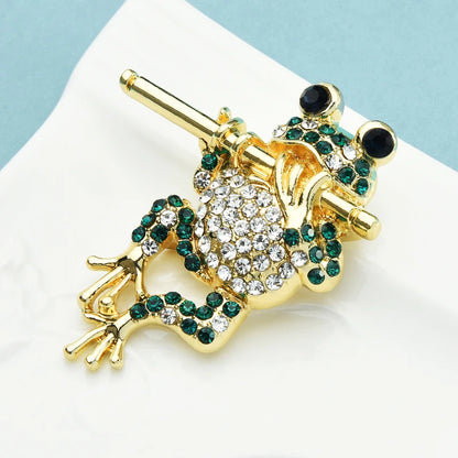 Wuli&baby Play Bamboo Fluting Frog Brooches Women Men Rhinestone Lovely Animal Party Casual Brooch Pins Gifts