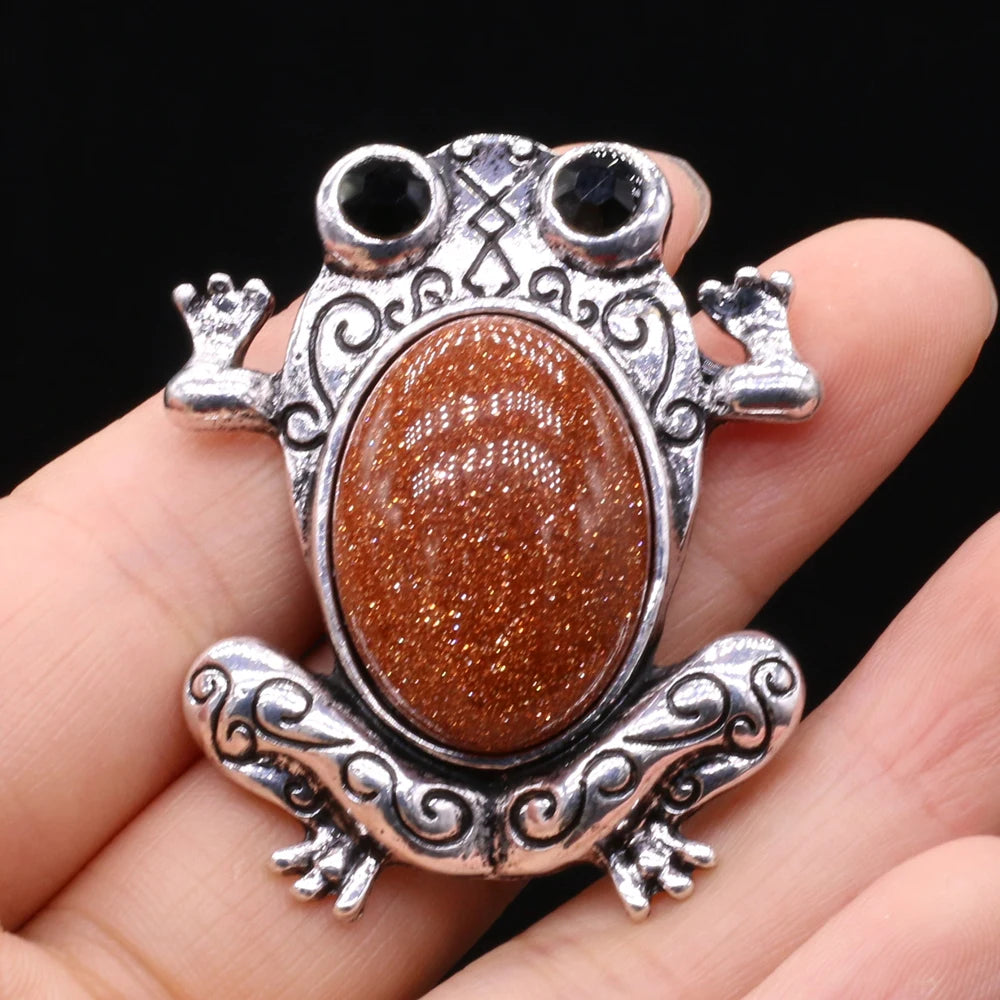 Funny Frog Brooches Natural Stone Crystal Agates Charms Mother of Pearl Shell Insect Pin Pendant for Jewelry Making DIY Necklace
