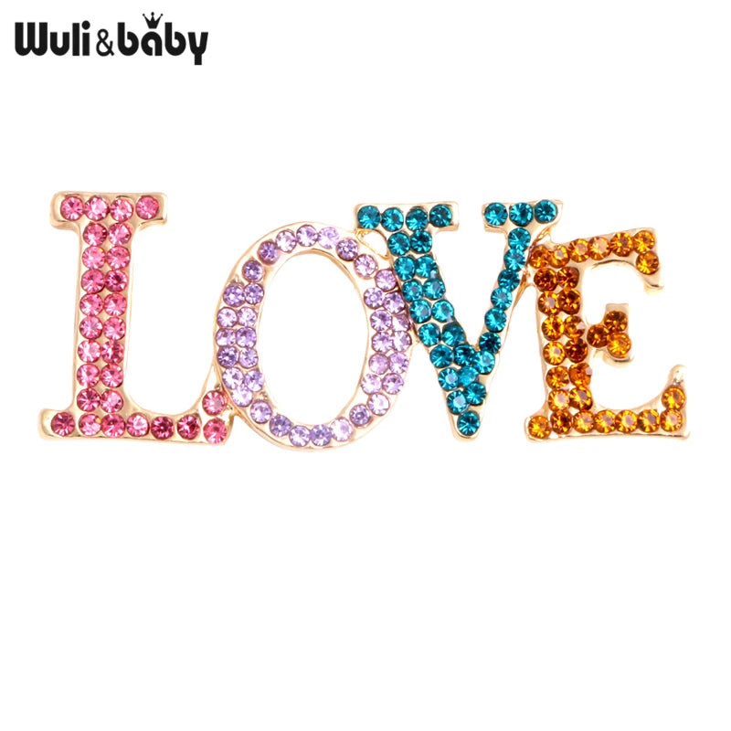 Wuli&baby Multicolor Rhinestone Love Brooches Women Men English World Love Party Office Brooch Pins Gifts