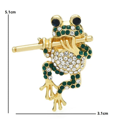 Wuli&baby Play Bamboo Fluting Frog Brooches Women Men Rhinestone Lovely Animal Party Casual Brooch Pins Gifts