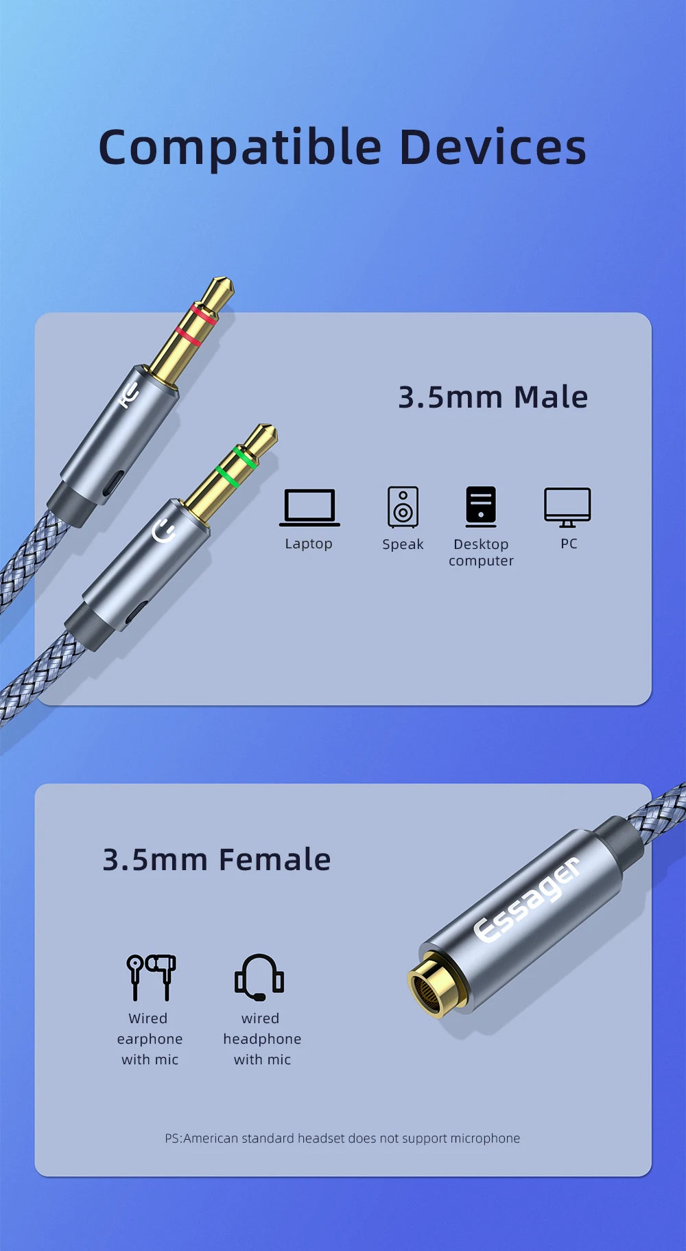 Essager Headphone Audio Splitter 3.5mm Female to 2 3.5 mm Jack Male Aux Cable For Computer Speaker Mic Y Splitter to PC Adapter