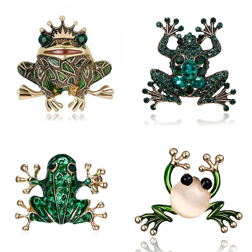 Fashion Green Frog Enamel Brooch Vintage Crystal Frog Animal Brooches Badge Pop Culture Lapel pin Frog Jewelry gift for Friends