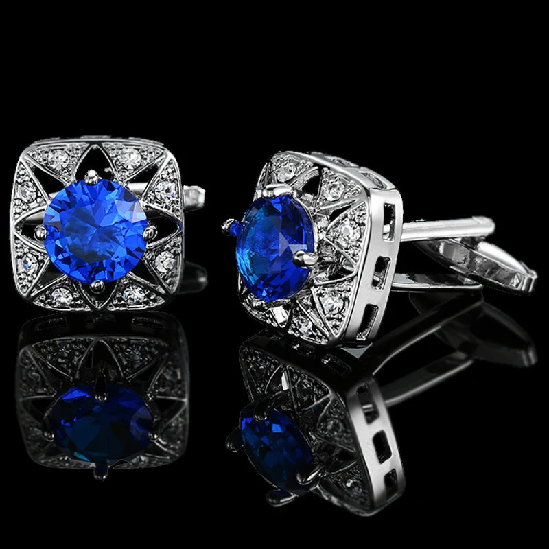 Summer new high quality brass hand inlaid Blue Crystal zircon Cufflinks classic style men's jewelry gifts