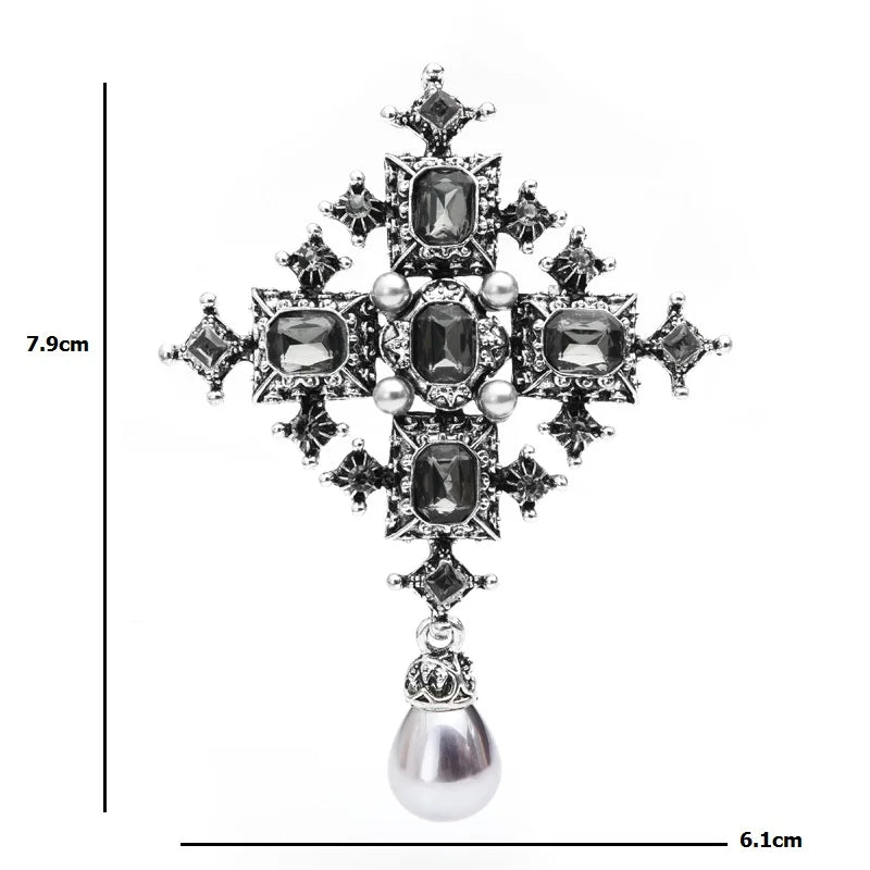2019 Cross Brooches Unisex Women Vintage Crystal Simualted-Pearl Royal Suit Pins Jewelry Gift