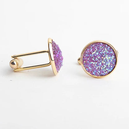 Simple Luxury Colorful Drusy Stone Cufflinks for Men Women Round Rhinestone Cuff links Novelty Shirt Sleeve Buttons Accessories