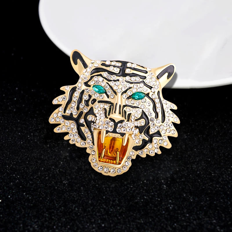 Wuli&baby Rhinestone Roaring Tiger Brooches Women Men Big Tiger Head Party Casual Brooch Pins Gifts