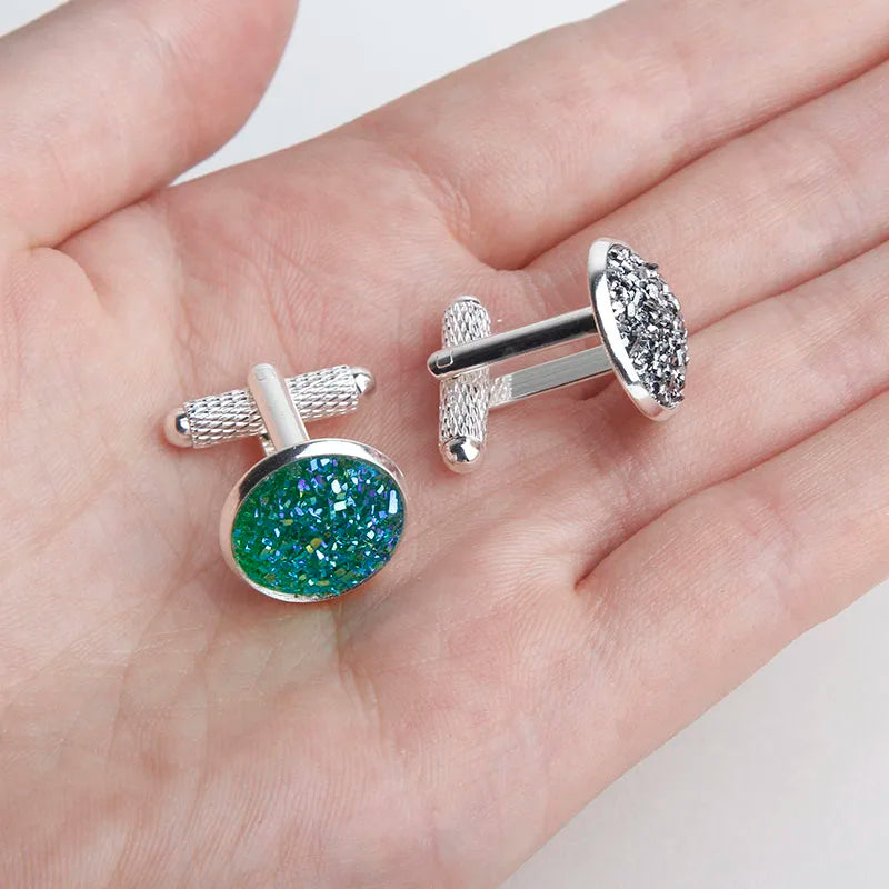 Simple Luxury Colorful Drusy Stone Cufflinks for Men Women Round Rhinestone Cuff links Novelty Shirt Sleeve Buttons Accessories