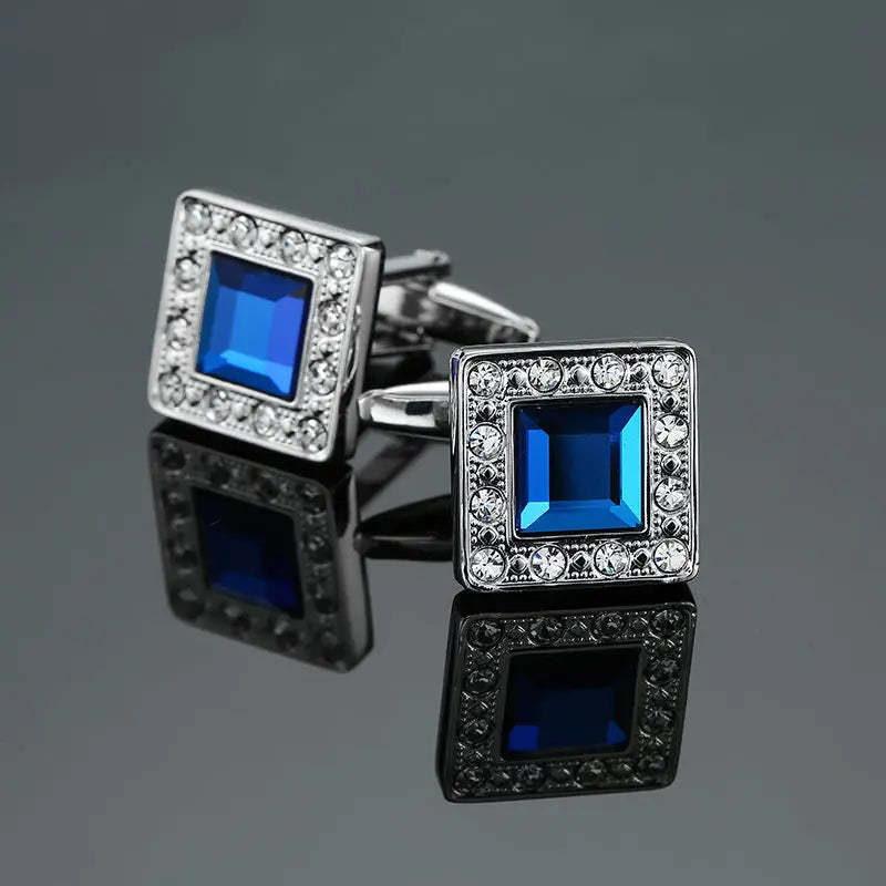 Novelty Luxury Blue White Crystal Cufflinks for Mens  Brand High Quality Design gold silvery Cuffbutton Shirt  Jewelry