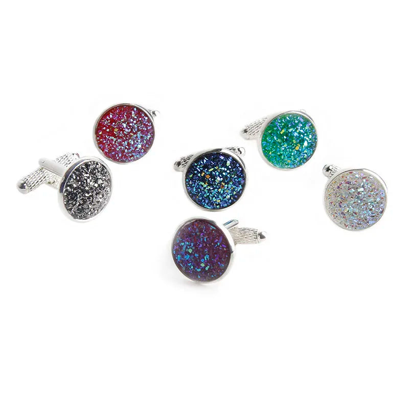 Simple Luxury Colorful Drusy Stone Cufflinks for Men Women Round Rhinestone Cuff links Novelty Shirt Sleeve Buttons Accessories
